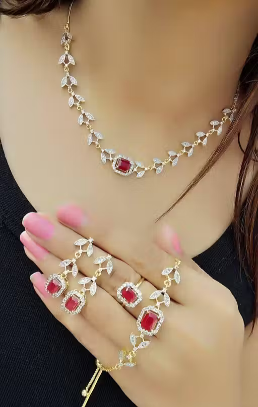 Luxury Red Crystal Jewelry Set for Women – Necklace, Earrings, Ring & Bracelet Set