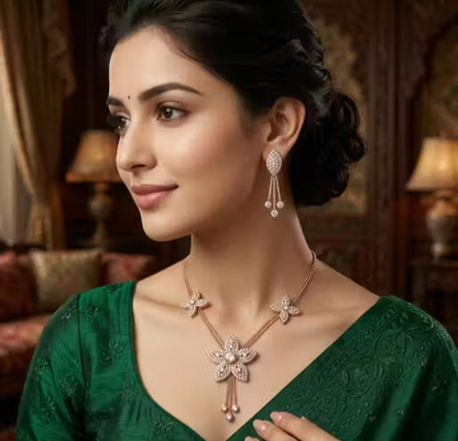 Luxury Floral Crystal Necklace & Earrings Set for Women – Elegant Party Wear Jewelry