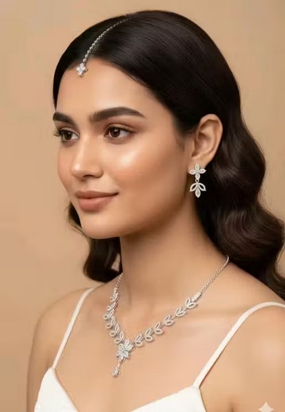 Elegant Leaf Design Crystal Necklace Set for Women – Premium Party Wear Jewelry